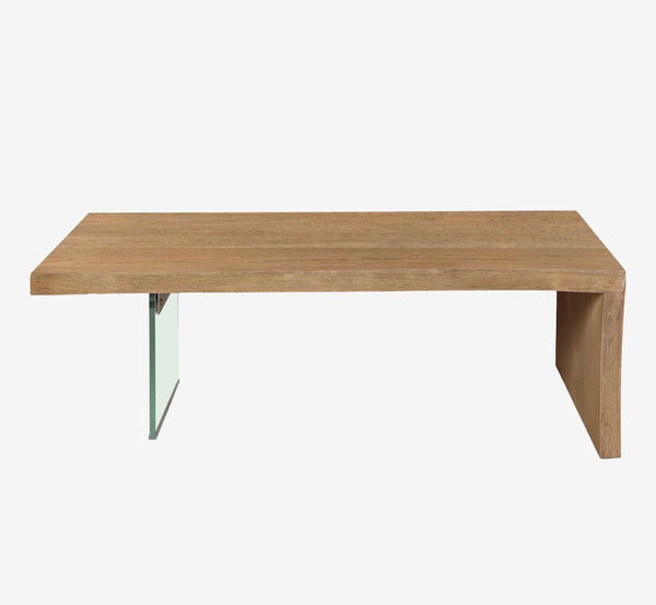 Modern Floating Coffee Table - Solid Wood Waterfall Design with Clear Tempered Glass Leg