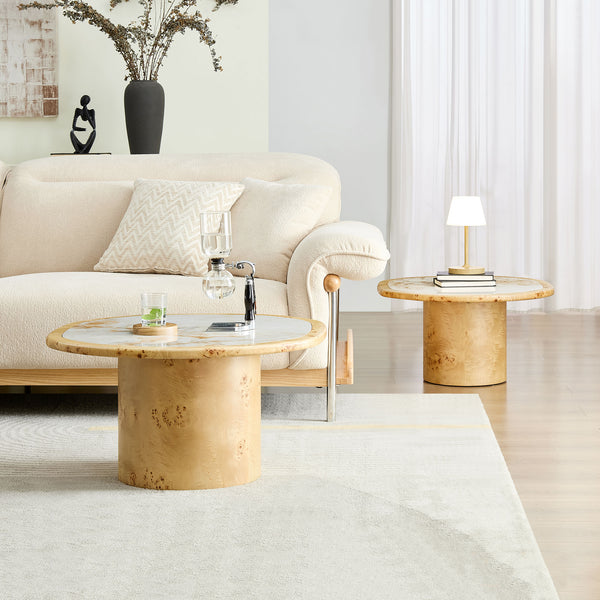 Irregular Coffee Table set, 2pcs burl Wood Veneer Coffee Table,Sintered Stone Tabletop Table with Sturdy MDF Pedestal, Rounded Sofa Side Table for living Room,Office