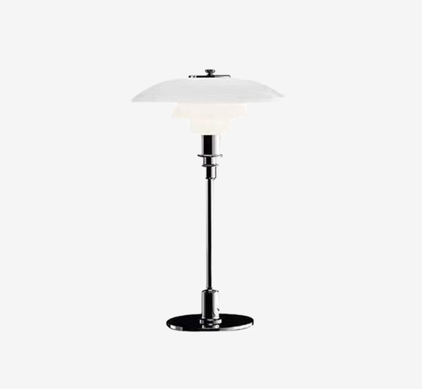 Mid-Century Modern PH Style Table Lamp - 3-Tier White Opal Glass Shade with Chrome Finish Base - Designer Inspired Ambient Desk Light