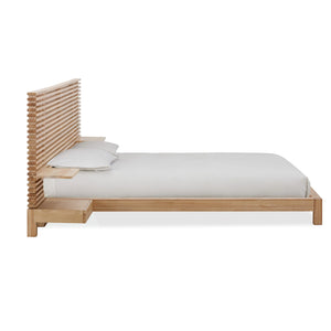 Modern Scandinavian Solid Wood Bed Frame | Slat Wall Bed with Floating Bedside Tables