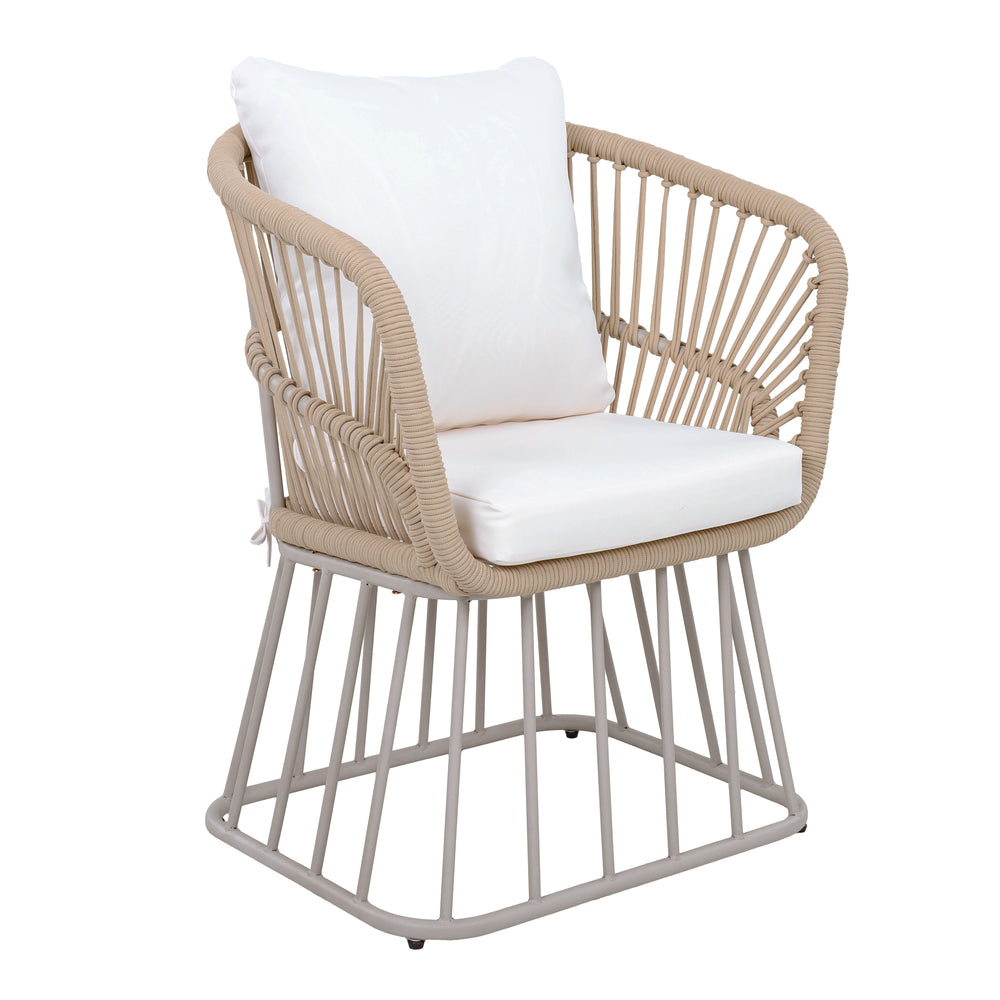 Outdoor Dining Chair  - Teak Finish Wicker & Beige Steel Frame, 300LBS Weight Capacity, Includes Cushion