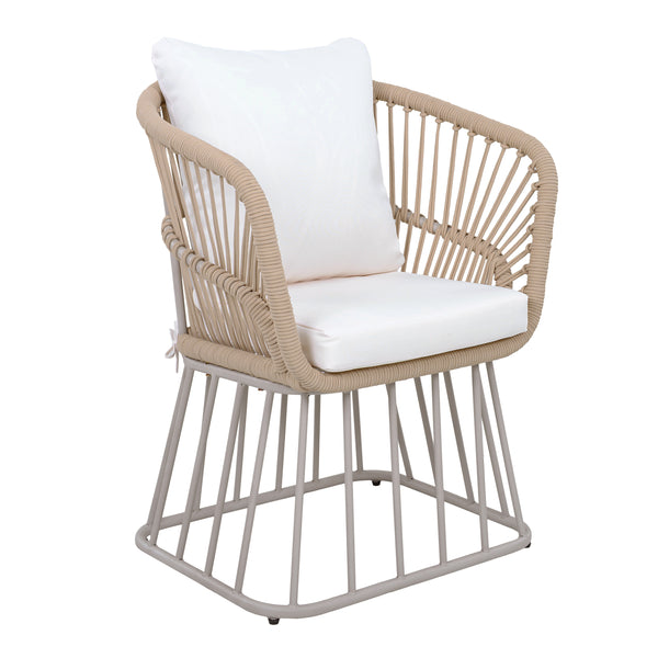 Outdoor Dining Chair MP1 - Teak Finish Wicker & Beige Steel Frame, 300LBS Weight Capacity, Includes Cushion