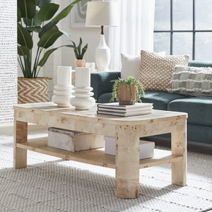 Modern Mappa Burl Wood Coffee Table with Storage Shelf | Rounded Corner Center Table