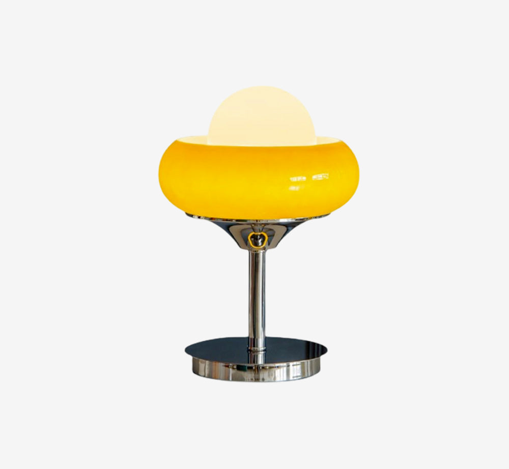 Modern Space Age UFO Table Lamp – Vibrant Yellow Glass Mushroom Light – Retro Pop Art Desk Lamp with Chrome Pedestal