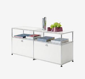 Modern White Modular Sideboard with Chrome Frame - 2-Tier Industrial Storage Cabinet with Drop-Down Doors - Minimalist Media Console & Credenza for Home Office