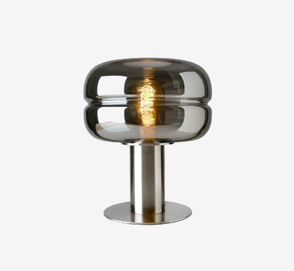 Modern Smoked Glass Table Lamp – Brushed Silver Base with Visible Edison Filament Bulb – Industrial Retro Accent Light