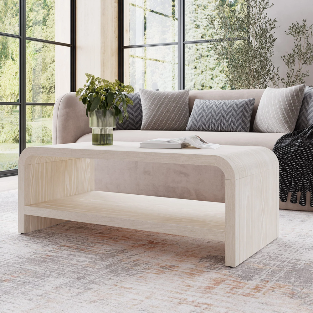 Modern Minimalist Wood Coffee Table with Storage Shelf - Scandinavian Style Rectangular Center Table for Living Room