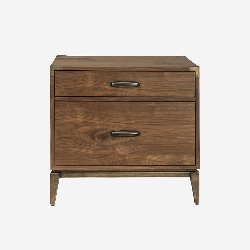 Modern Walnut 2-Drawer Nightstand – Industrial Bedside Table with Metal Accents – Mid-Century Modern Bedroom End Table