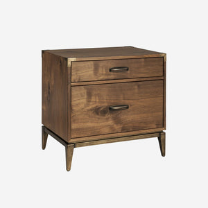 Modern Walnut 2-Drawer Nightstand – Industrial Bedside Table with Metal Accents – Mid-Century Modern Bedroom End Table