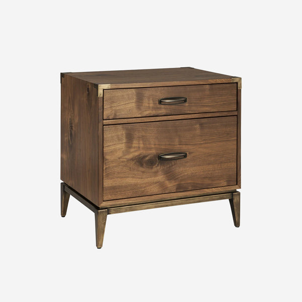 Modern Walnut 2-Drawer Nightstand – Industrial Bedside Table with Metal Accents – Mid-Century Modern Bedroom End Table