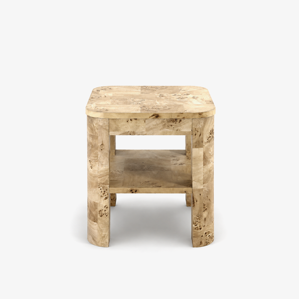 Modern Mappa Burl Wood Side Table with Open Shelf | Rounded Edge Side Table