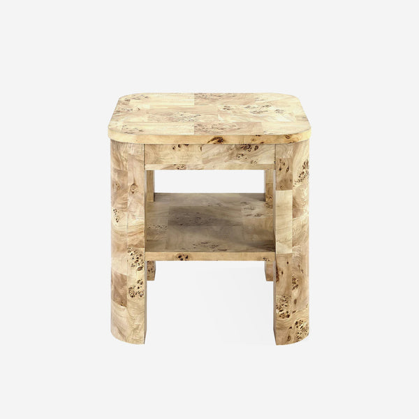 Modern Mappa Burl Wood Side Table with Open Shelf | Rounded Edge Side Table