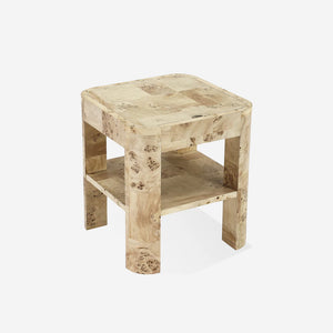 Modern Mappa Burl Wood Side Table with Open Shelf | Rounded Edge Side Table