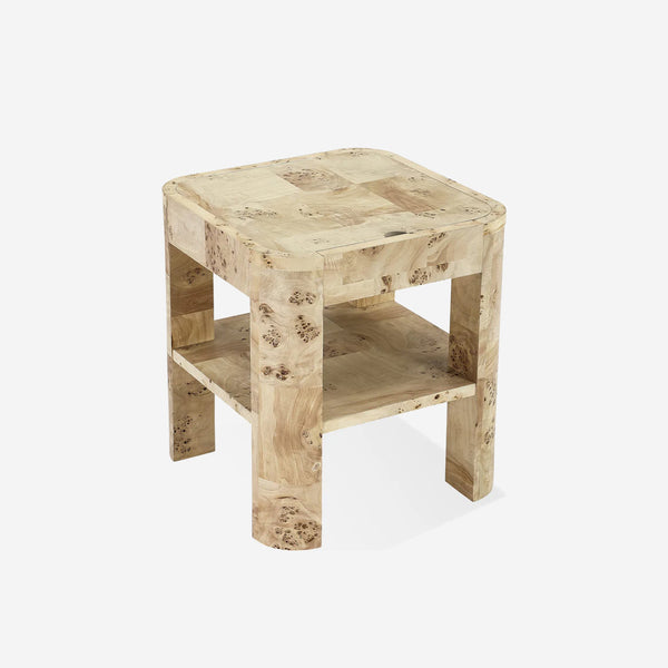 Modern Mappa Burl Wood Side Table with Open Shelf | Rounded Edge Side Table