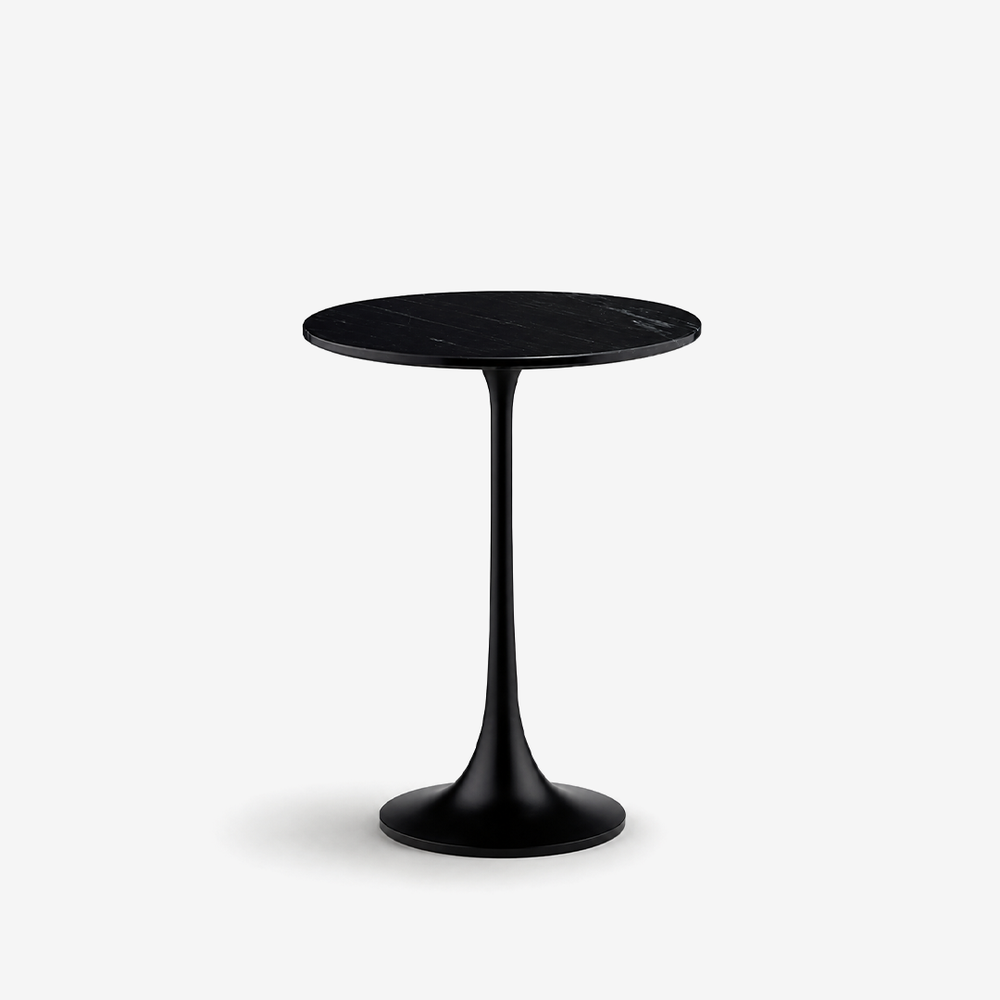 Mid-Century Modern Round Black Marble Side Table with Pedestal Tulip Base
