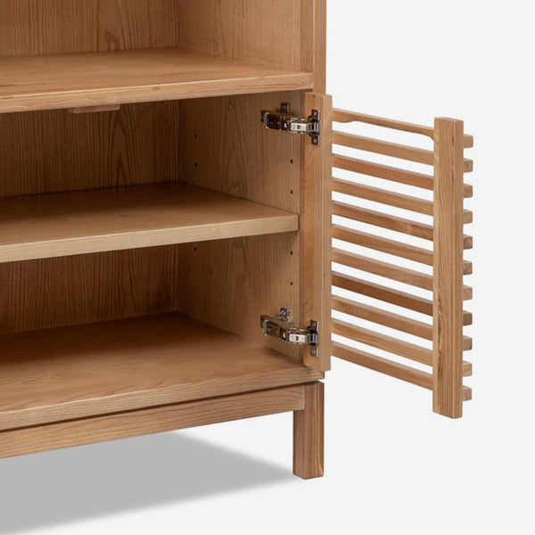 Japandi Style Double-Door Bookcase – Minimalist Wood Display Cabinet for Modern Home Office