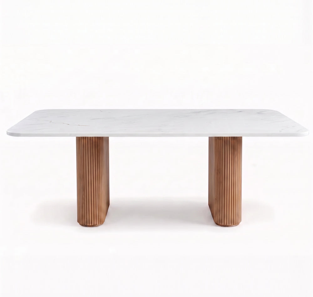 Modern Organic Marble & Slatted Wood Dining Table