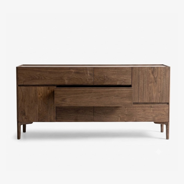 Mid-Century Modern Walnut Sideboard Buffet with Drawers and Storage Cabinets