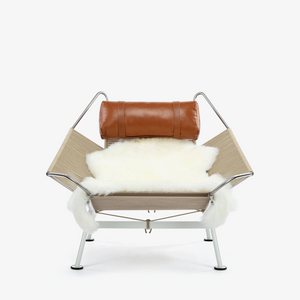 White Coated Steel Frame Rope Deck Chair - Comfortable Lazy Lounge Chair with Faux Fur Cushion - Minimalist Salon Settee with Tan Leather Pillow