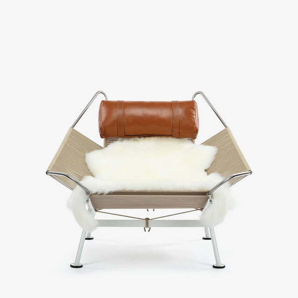 White Coated Steel Frame Rope Deck Chair - Comfortable Lazy Lounge Chair with Faux Fur Cushion - Minimalist Salon Settee with Tan Leather Pillow