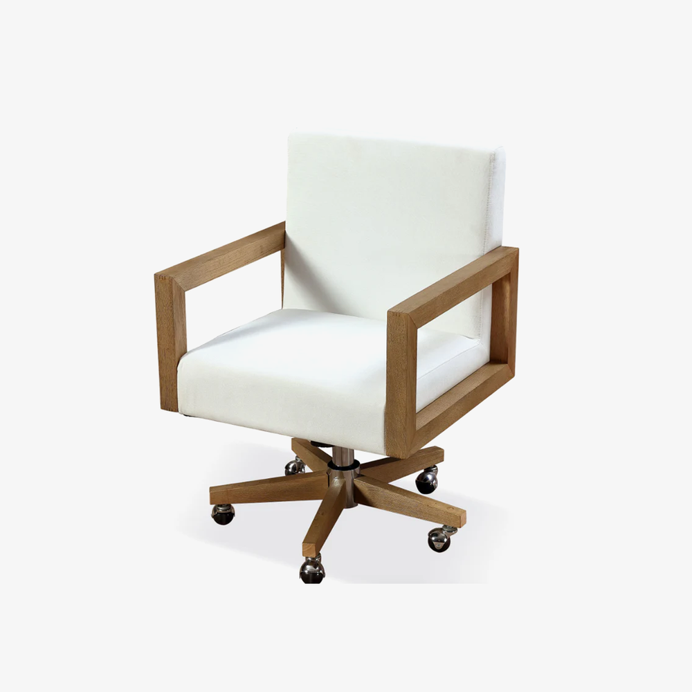 Ergonomic White Twill Office Chair - Solid Rubberwood Frame Swivel Desk Chair in Bisque Finish
