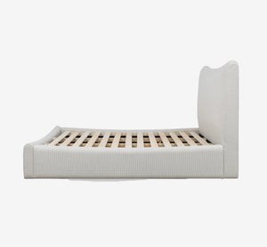 Modern Pinstripe Upholstered Platform Bed with Curved Wingback Headboard