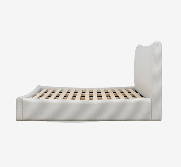 Modern Pinstripe Upholstered Platform Bed with Curved Wingback Headboard