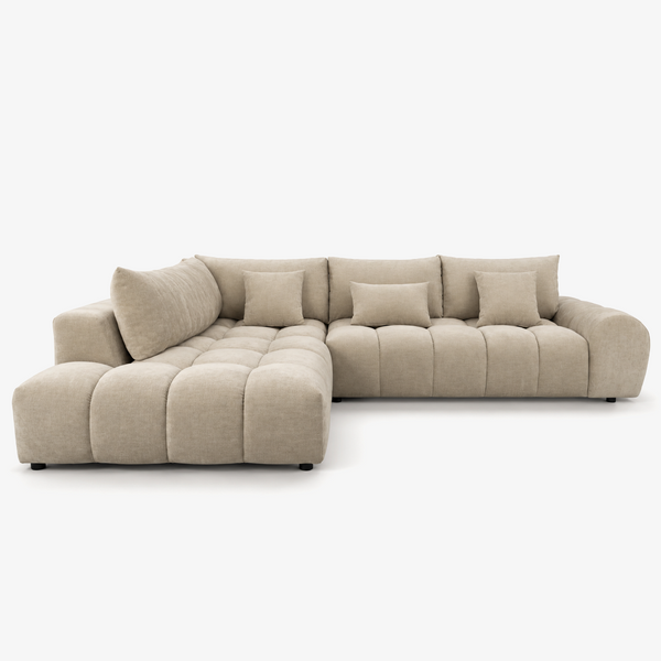 Modern Beige Tufted L-Shaped Sectional Sofa with Deep Chaise Lounge