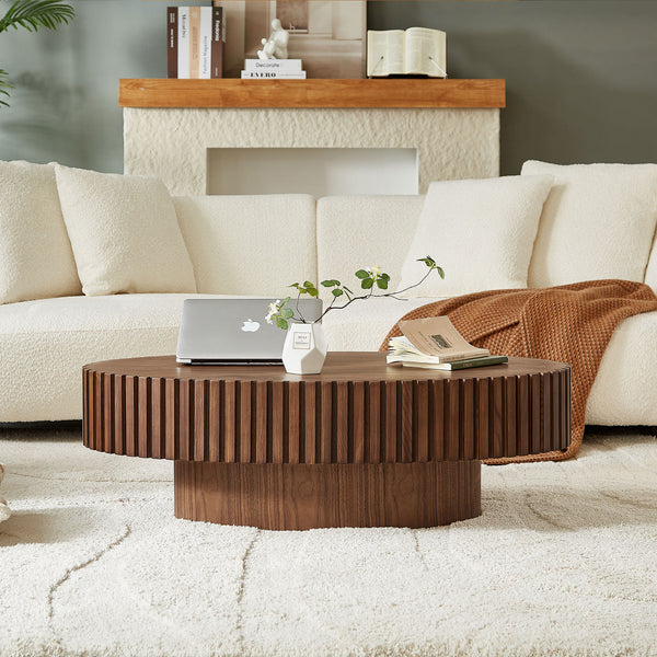 Modern Handcraft Drum Coffee Table Length 43.7 inch Ellipse Coffee Table for Living Room,Oval Small Coffee Table with Sturdy Pedestal,Walnut MDF,W2582P251185