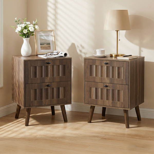 Medieval-style modern double-drawer bedside table with solid wood legs, bedroom bedside table, bedroom side table, 15.75 x 15.75 x 22.64 inches, walnut color, 2-pack