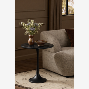 Mid-Century Modern Round Black Marble Side Table with Pedestal Tulip Base