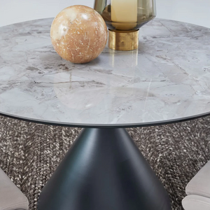 47" Round Sintered Stone Dining Table with Black Metal Pedestal Base – Modern Dining Table for 4–5