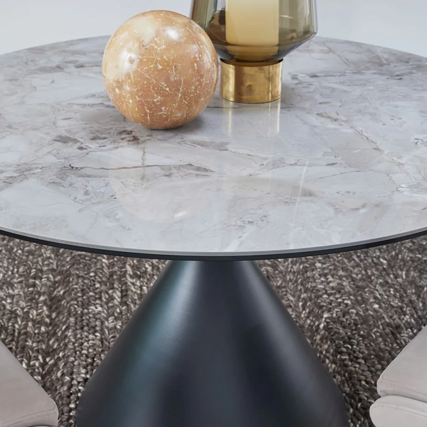 47" Round Sintered Stone Dining Table with Black Metal Pedestal Base – Modern Dining Table for 4–5