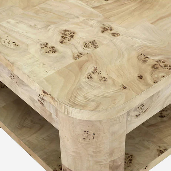 Modern Mappa Burl Wood Side Table with Open Shelf | Rounded Edge Side Table