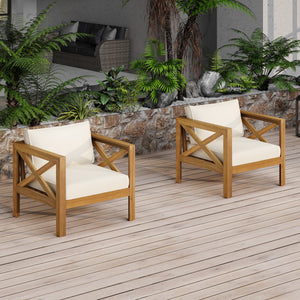 Patio Conversation Set, Outdoor Wood Conversation Seat(Set of 2),Armchair with Cushions,Foldable Acacia Wood Side Table,Teak Finish,Beige Cushion