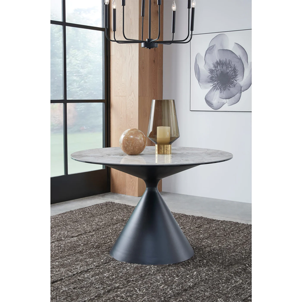 47" Round Sintered Stone Dining Table with Black Metal Pedestal Base – Modern Dining Table for 4–5