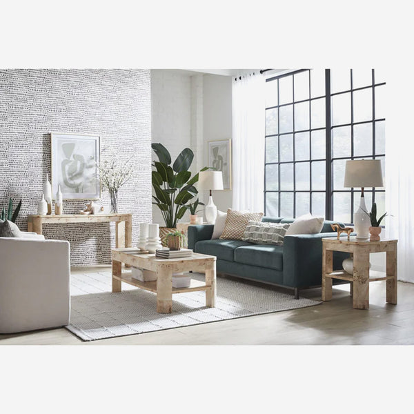 Modern Mappa Burl Wood Side Table with Open Shelf | Rounded Edge Side Table