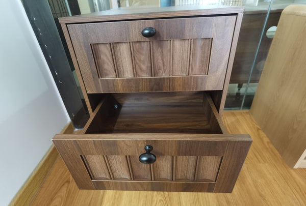 Medieval-style modern double-drawer bedside table with solid wood legs, bedroom bedside table, bedroom side table, 15.75 x 15.75 x 22.64 inches, walnut color, 2-pack