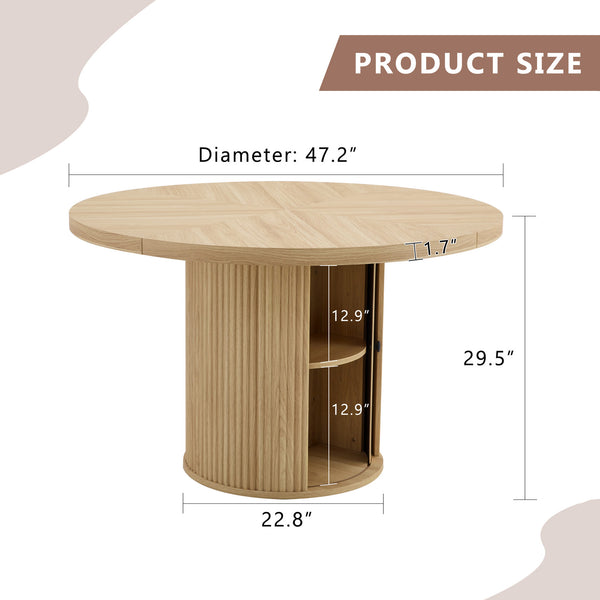 47.2-inch round wooden-style dining table with double-layer storage design and Roman column shape - featuring classic wood grain finish, it creates an eternal and elegant atmosphere for your living