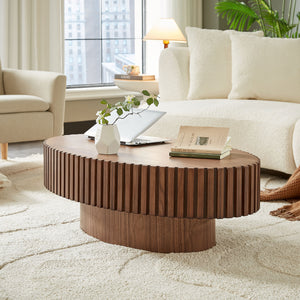 Modern Handcraft Drum Coffee Table Length 43.7 inch Ellipse Coffee Table for Living Room,Oval Small Coffee Table with Sturdy Pedestal,Walnut MDF,W2582P251185