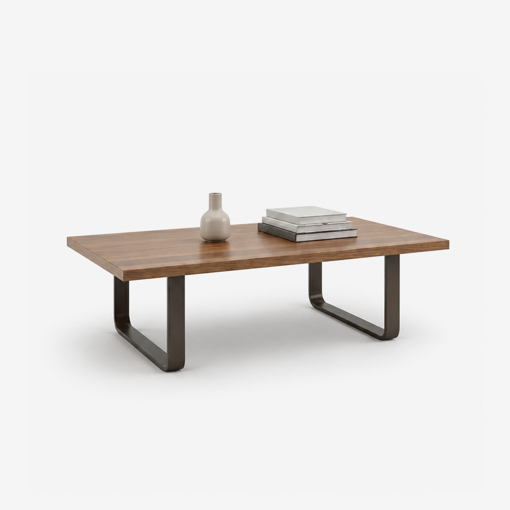 Modern Walnut Wood Coffee Table for Living Room – Minimalist Center Table with U-Shaped Metal Base
