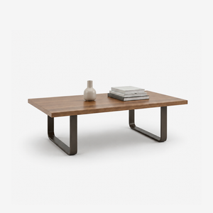 Modern Walnut Wood Coffee Table for Living Room – Minimalist Center Table with U-Shaped Metal Base