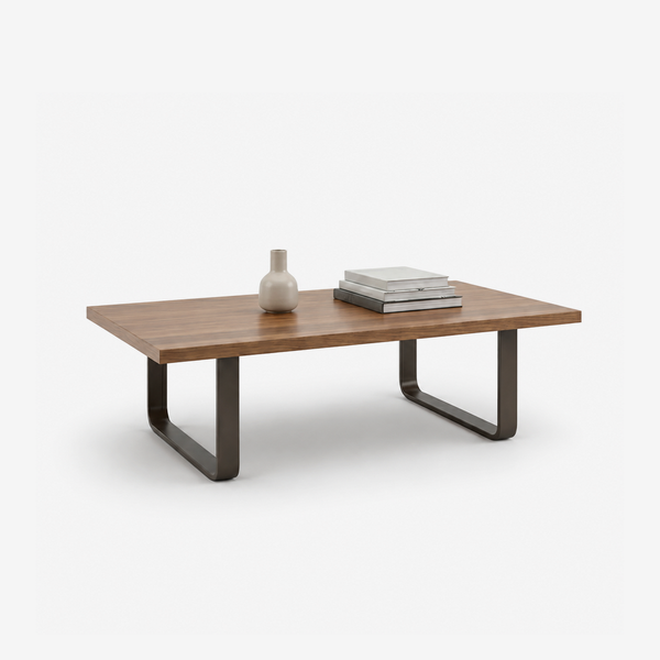 Modern Walnut Wood Coffee Table for Living Room – Minimalist Center Table with U-Shaped Metal Base