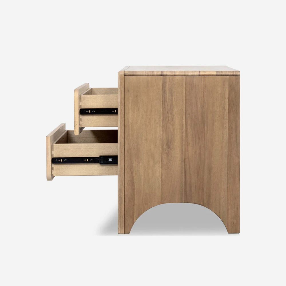 Modern Natural Oak 2-Drawer Nightstand with Rounded Corners and Arched Base