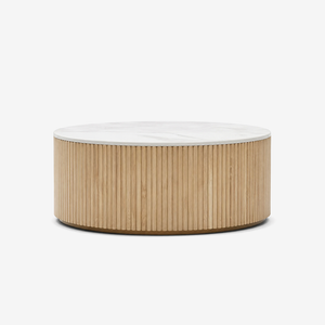 Modern Round Sintered Stone Coffee Table – Fluted Roman Column Wood Base
