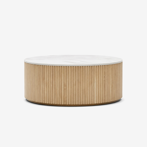 Modern Round Sintered Stone Coffee Table – Fluted Roman Column Wood Base