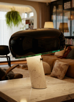 Modern Marble Base Table Lamp - High Gloss Black Dome & Green Glass Detail - Premium Desk & Bedside Light