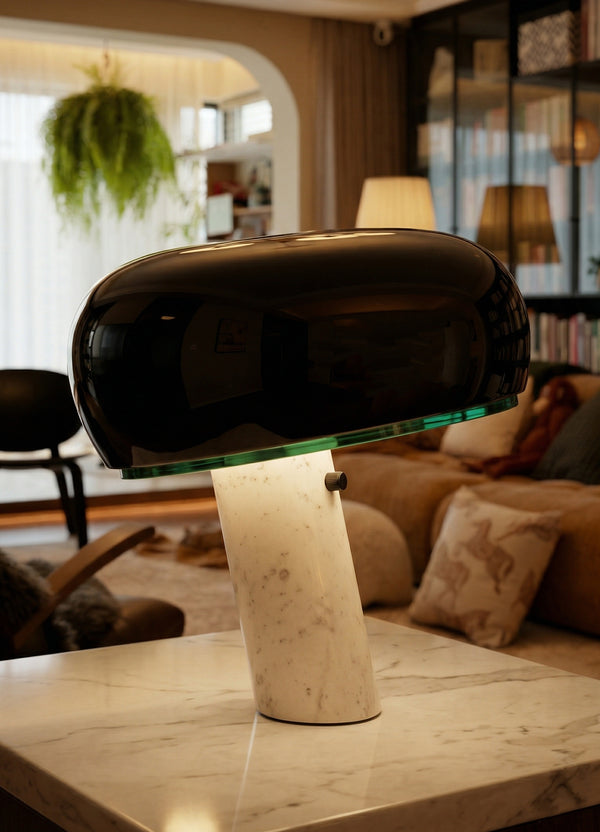 Modern Marble Base Table Lamp - High Gloss Black Dome & Green Glass Detail - Premium Desk & Bedside Light