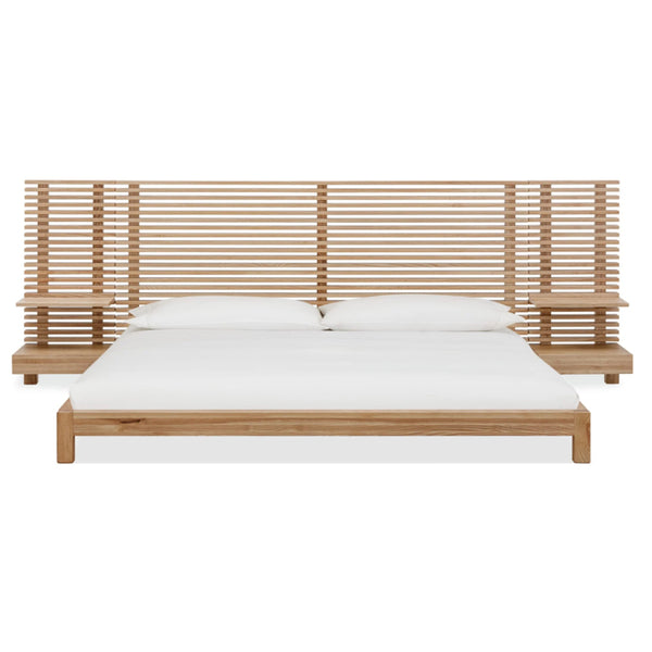 Modern Scandinavian Solid Wood Bed Frame | Slat Wall Bed with Floating Bedside Tables