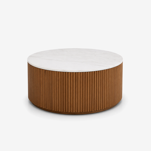 Modern Round Sintered Stone Coffee Table – Fluted Roman Column Wood Base